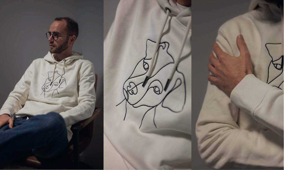 Embroidered hoodie with dog, close-up of the embroidery
